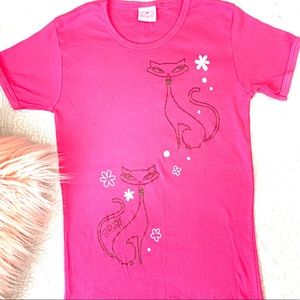Sparkly kitty cat flower pink shirt size M